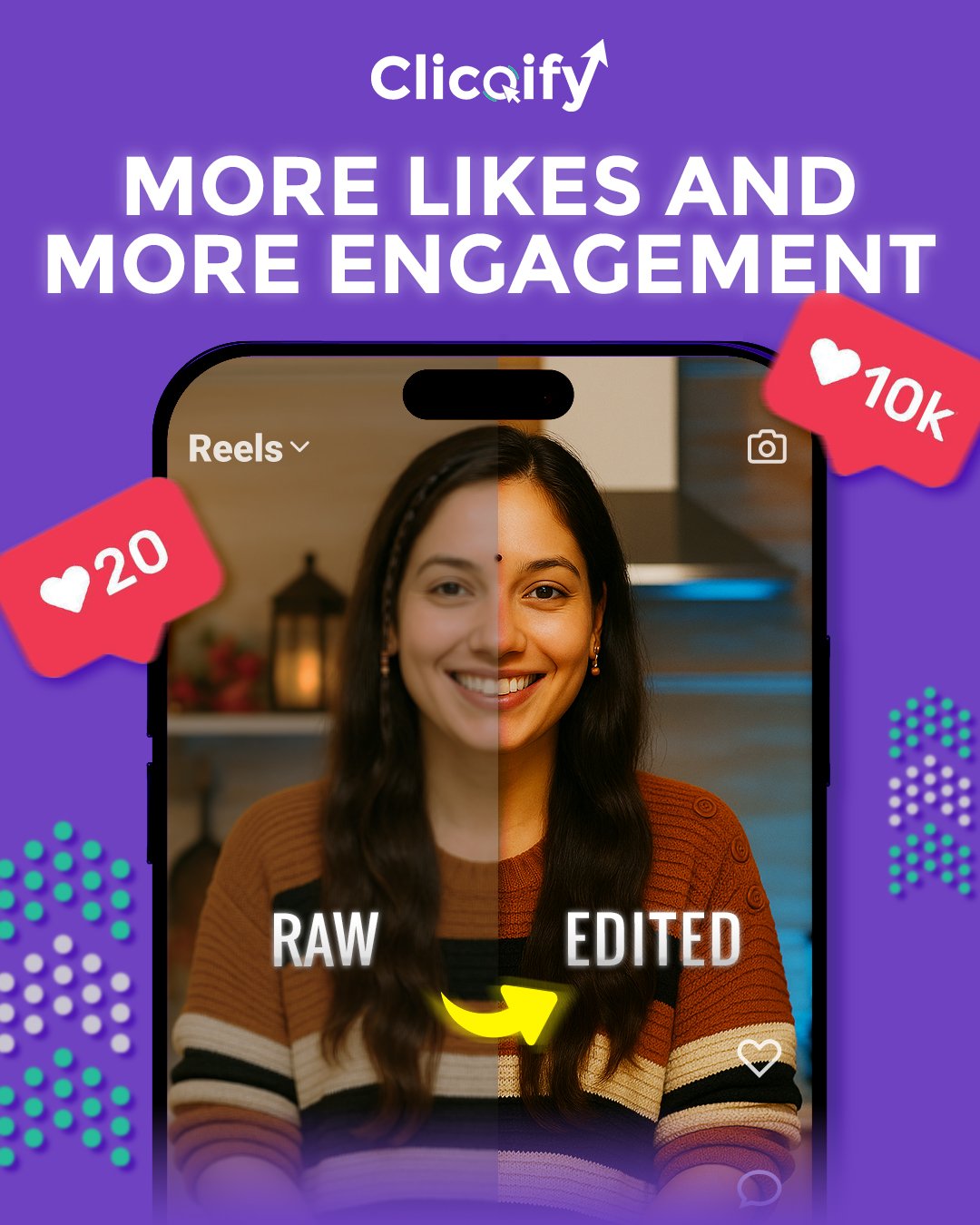 Raw phone photo transformed into a polished branded social post by Clicqify.